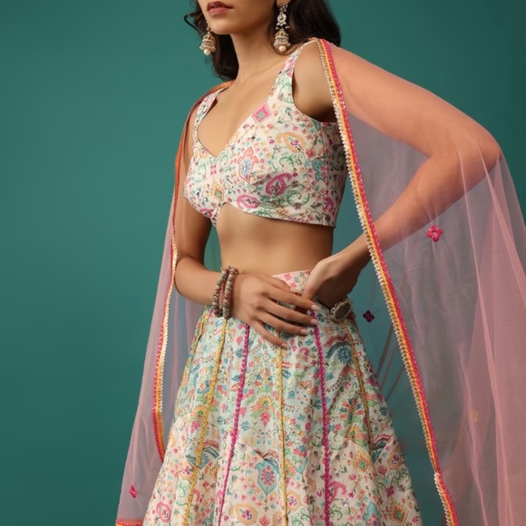 Kalki Multicolored Lehenga And Blouse Set In Silk With Patch Work - Picture 3 of 6